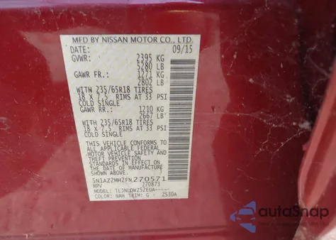 2015 Nissan Murano Sv из США, поврежденный, VIN 5N1AZ2MH2FN270571